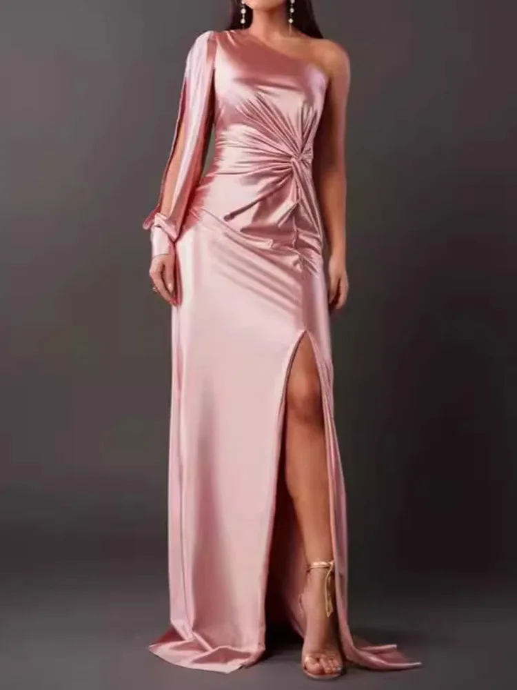 

New Fashion Elegant Evening Dress, Slanted Shoulder, Pleated, Slit Waist, Sexy Women's Slim Maxi Skirt