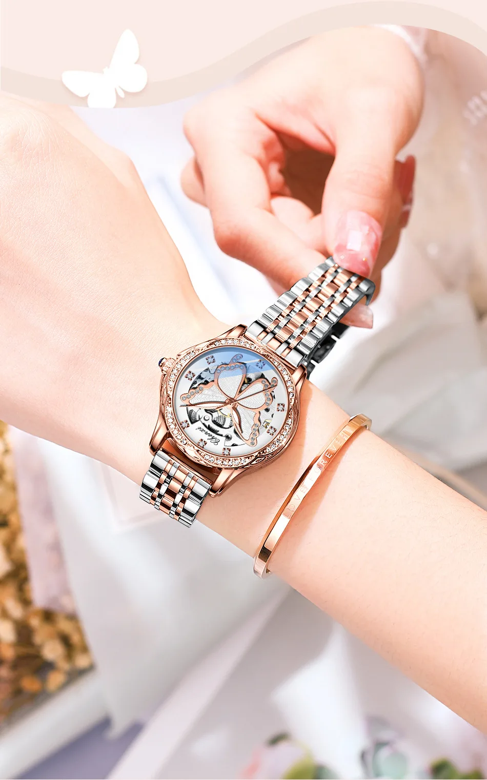 Chenxi's new Aima Orange Butterfly dial fashionable diamond inlaid watch for women, fully automatic mechanical watch