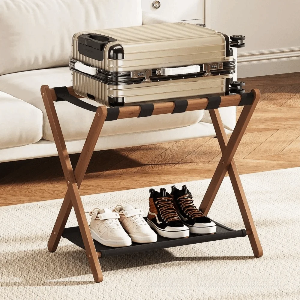 Neat Storage Bamboo Luggage Storage Rack Portable Foldable Shoe Rack Space Saving 2-Tier baggage holder Hotel