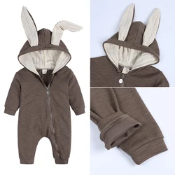 Cute Baby Autumn Romper Boy Newborn 0 to 3 6 9 12 18 Months Zip Cotton Long Sleeve Ribbed Boys Clothes Brown One Piece Bodysuits