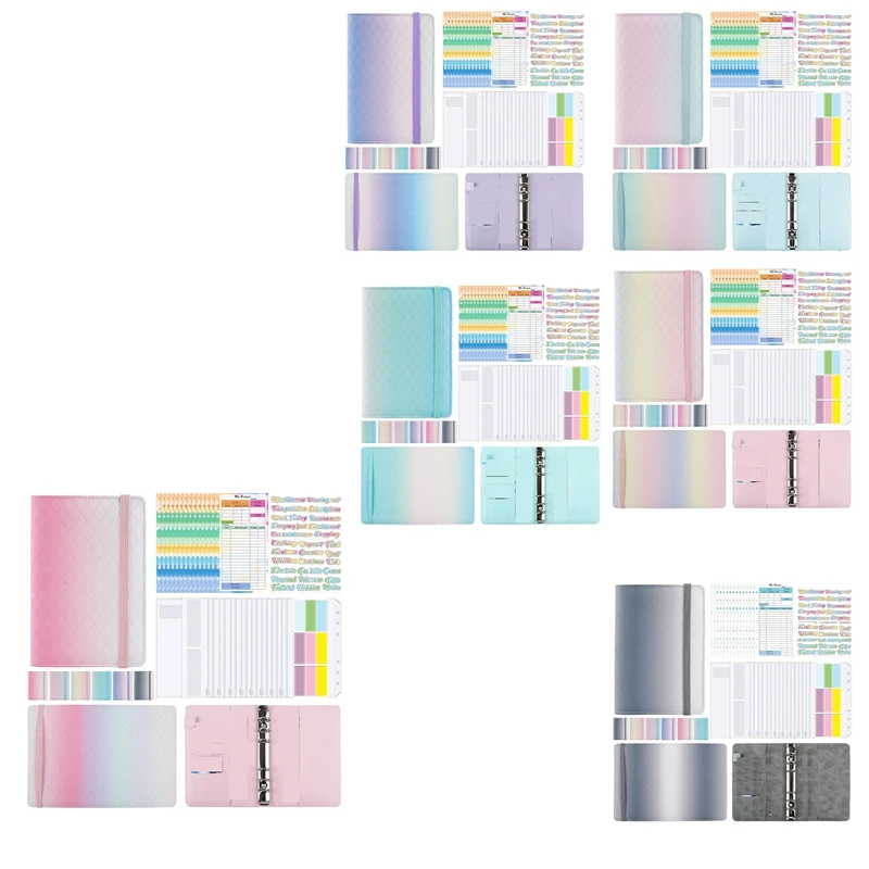 A6 グラデーションマカロンバインダー手元帳ノートブックレザー PU ルーズリーフブック現金予算ブックジップバッグ付き