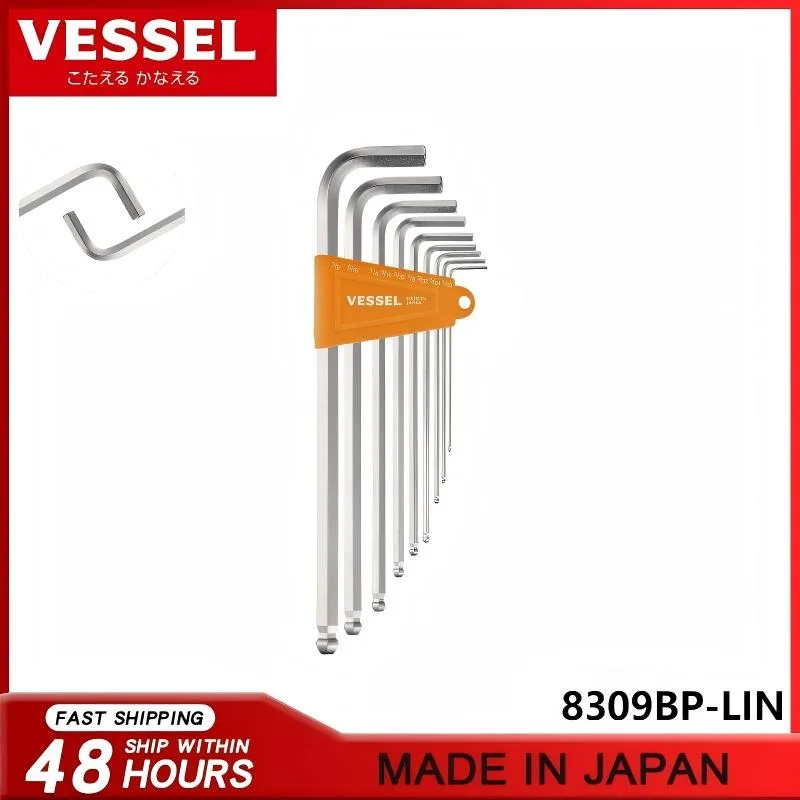 VESSEL 8309BP-LIN Juego de llaves hexagonales de bola JIS 1/16''3/8'' 1/8'' 5/32'' 3/16'' 5/16'' 1/4'' 5/64'' L Herramientas extralargas