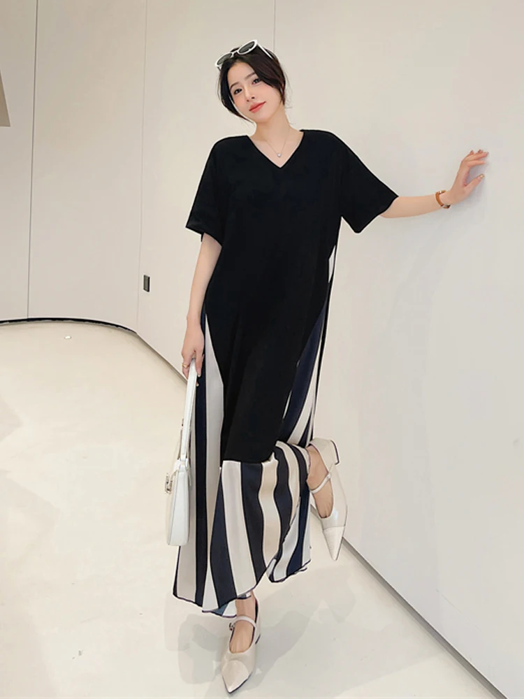 NYFS 2025 Summer New Korea Dresses For Women Vestidos Robe Elbise Loose Plus Size Patchwork Silk Velvet Stripe Long Dress