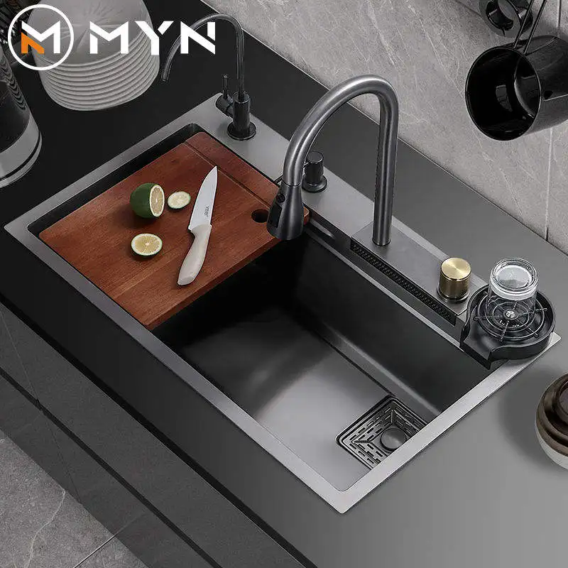 High Quality Kitchen Embedded Dishwashing Single Sink With Waterfall Stainless Steel Rectangular Black Kitchen Sink