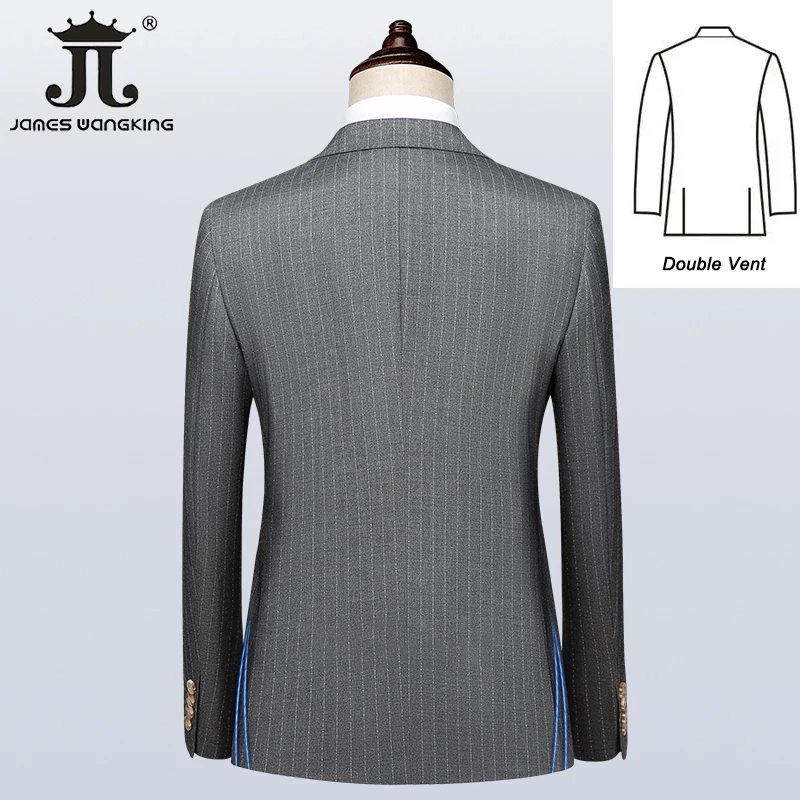 ( Jacket + Vest + Pants ) Luxury Striped Men\'s Formal Business Double Breasted Suit 3Piece Set Groom Wedding Dress Grey Suits