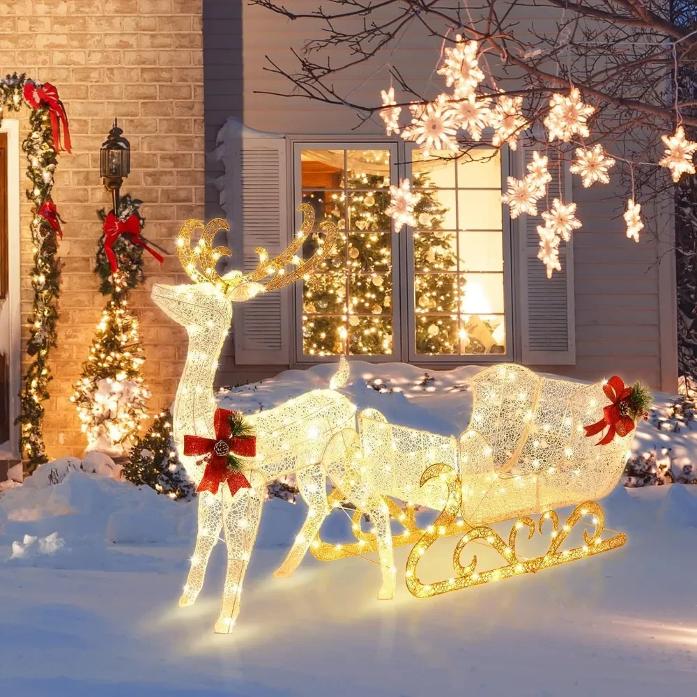 Christmas Lights Reindeer and Santa Claus Sled, Christmas Lights Outdoor Courtyard Decoration, Equipped with LED Lights