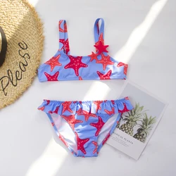 Five Stars Deco Stretchy Beach Surf Girls Kids Bikini Set Ruffle Adjustable Child Girls Kids Summer Vacation Swimwear Swimsuit