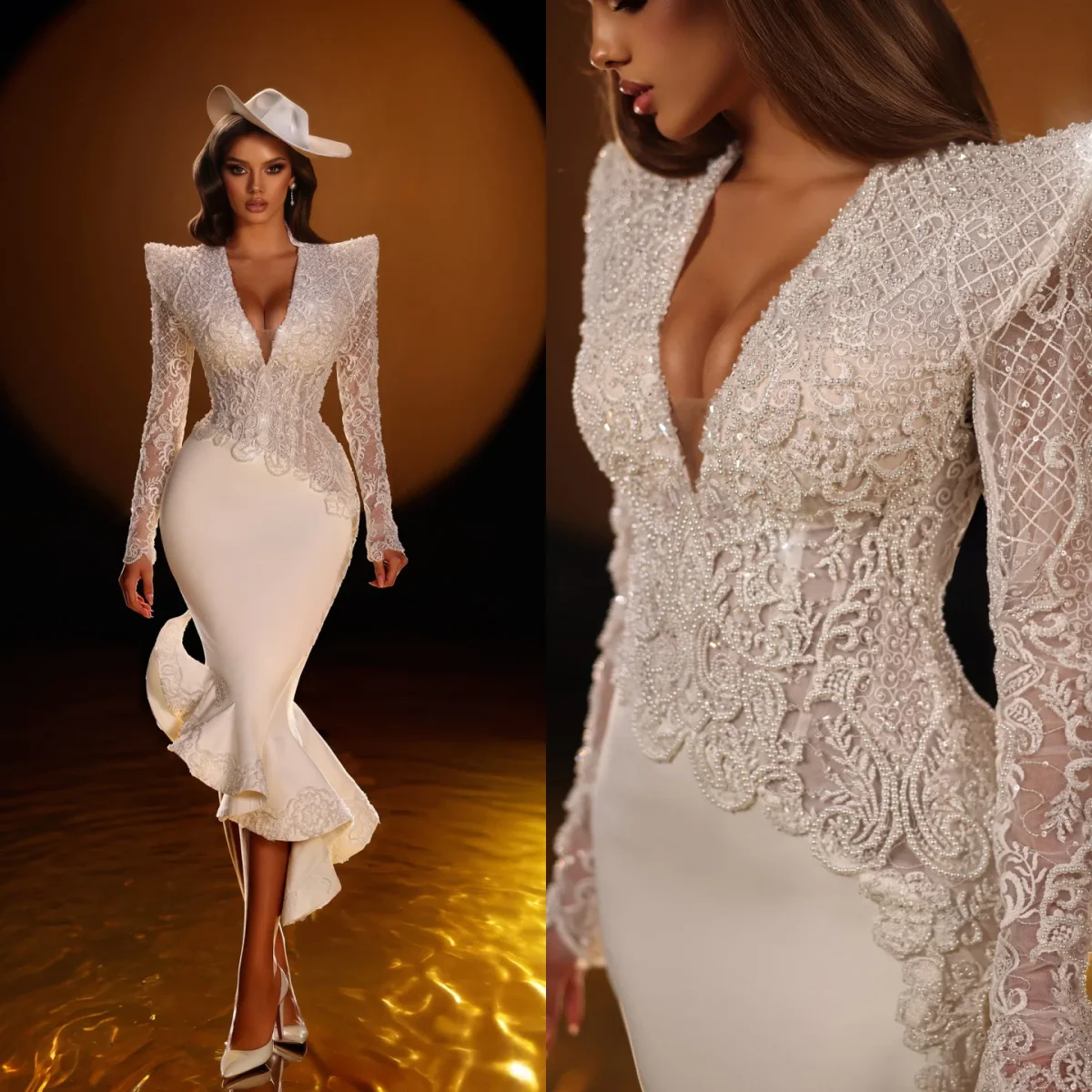 

Gorgeous Pearls Evening Dresses Deep V Neck Long Sleeve Mermaid Prom Gowns Beaded Birthday Party Customized