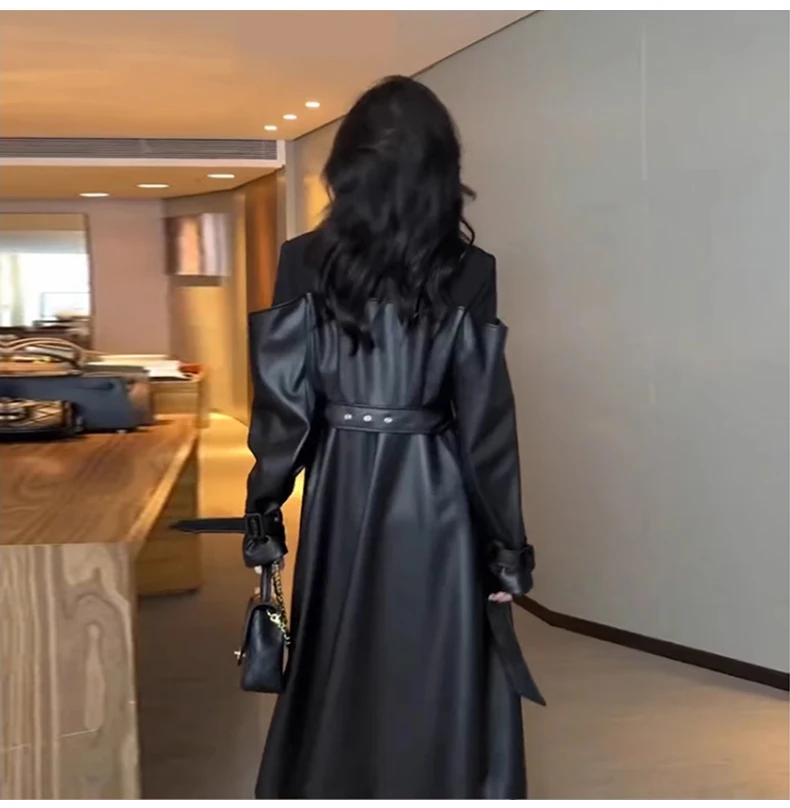 Lautaro Autumn Long Black Patchwork Pu Leather Trench Coat for Women Double Breasted Loose Stylish Luxury Designer Clothing 2023
