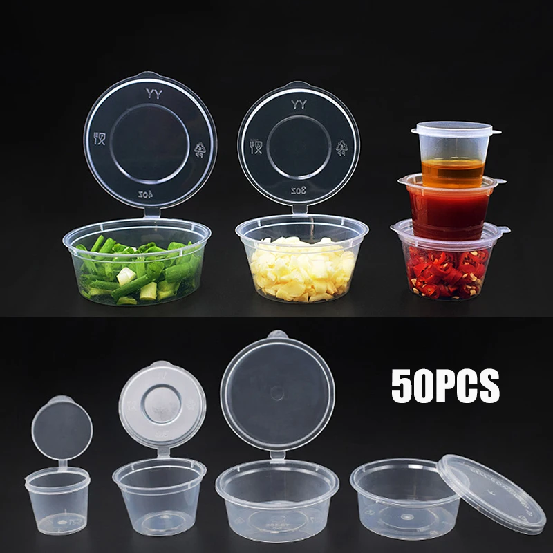 50Pcs With Lids Kitchen Organizer Kitchen Disposable Sauce Pot Food Small Sauce Container Box Plastic Clear Boxes 25/30/40ml