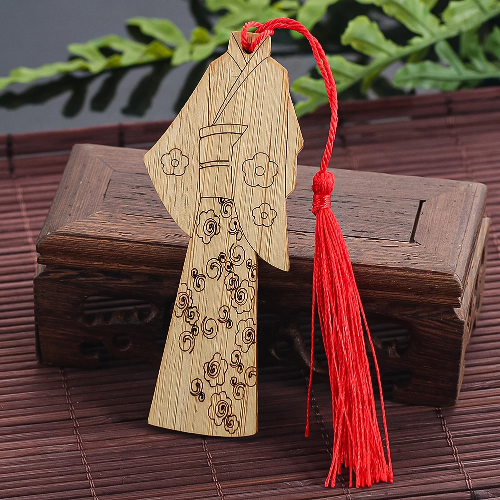 Laser Carving Chinese Hanfu Tang Costume Cherry Blossom Flower Bamboo Wood Bookmark Tassel Pendant Keychain Charm Hanging Decor