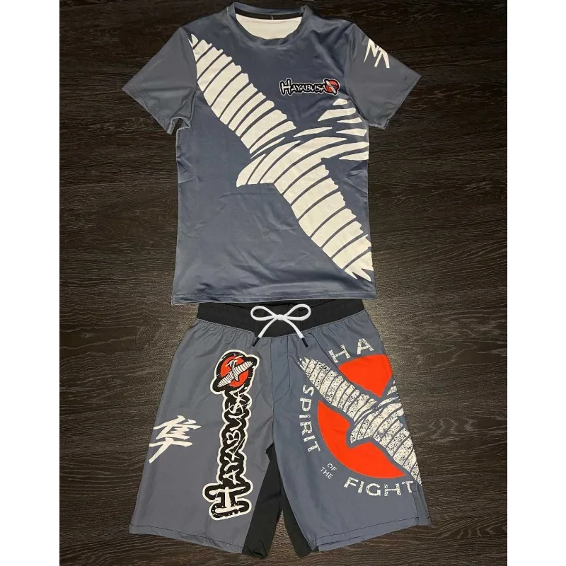 

2026 Summer New Falcon Combat Suit: Y2K Grey-White Breathable Quick-Drying T-Shirt + Sports Shorts, Men's Gym Training Suit