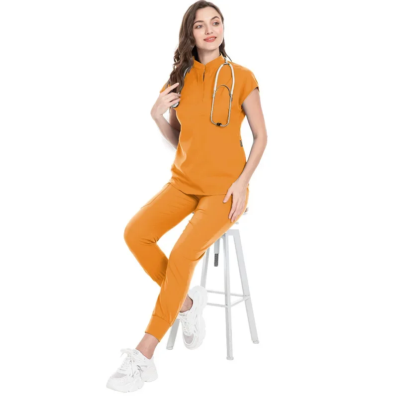 Tops + calça uniforme médico cirurgia esfrega camisa de manga curta pet shop médico enfermeira conjunto uniforme de enfermagem feminino workwear esfrega