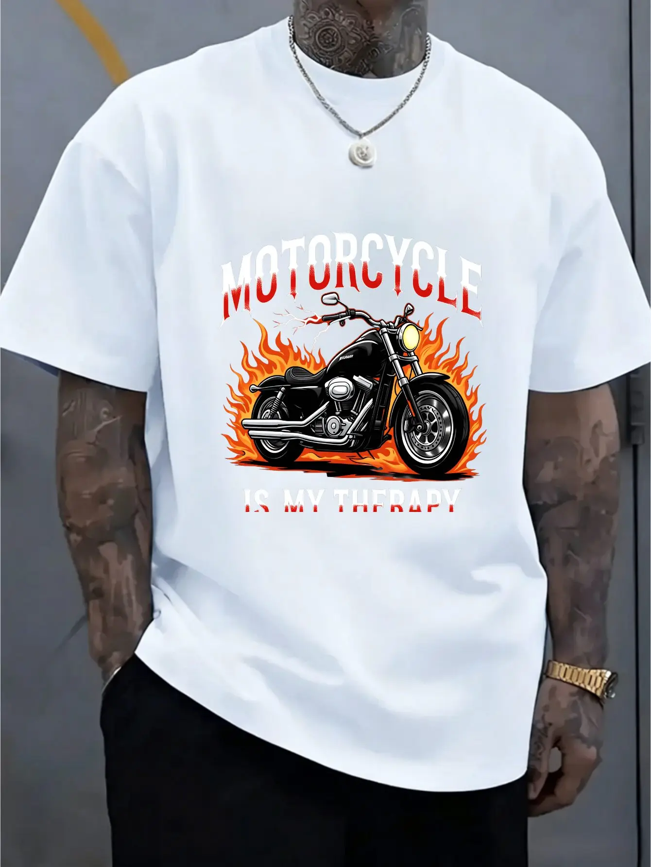Men Retro Flame Motorcycle Print Tee Cotton Loose Short Sleeve Biker Punk Street Top Male Road Trip Summer Daily Casual Outfit