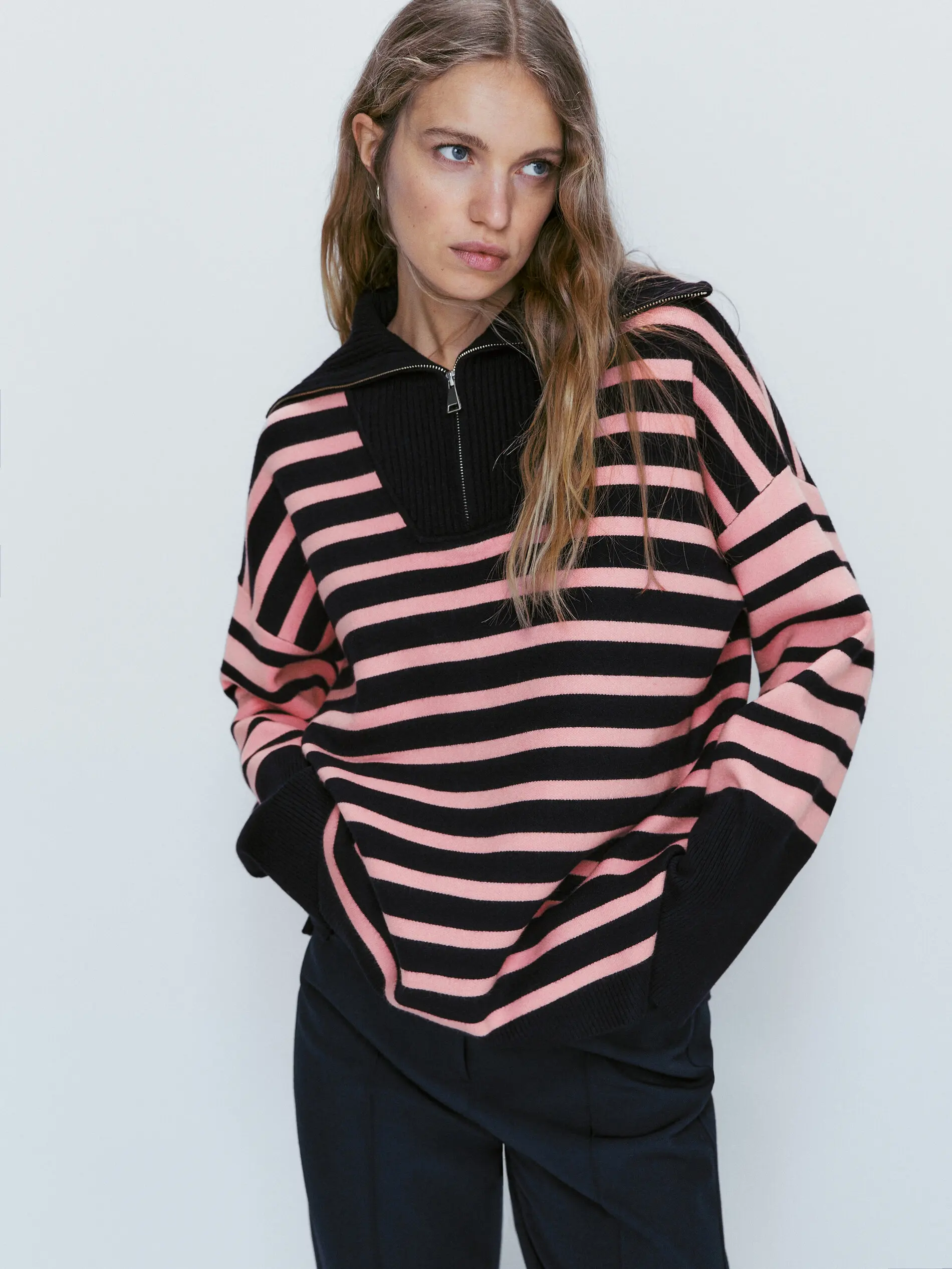 Ethereal MD 2023  autumn new style of Loose inside with patchwork striped zipper turtleneck knitwear