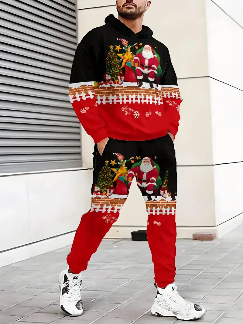 New Year Christmas Men\'s Anime Hoodie+Pant Suit Santa Claus 3D Printed Party Street Wear Women Kids Fun Festive Tracksuit