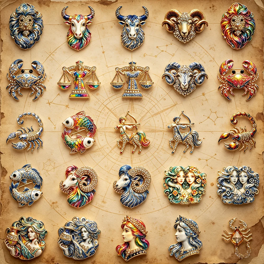 Vintage 12 Sternzeichen Brosche Bunter Strass Emaille-Pin Luxuriöses Astrologie-Abzeichen Kleidungs-Accessoire Geburtstagsgeschenk