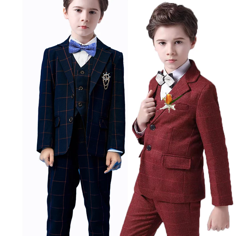 

Children Formal Plaid Suit Set British Boys Wedding Party Performance Host Costume Kids Blazer Pants Bowtie Flower 4pcs Clothes