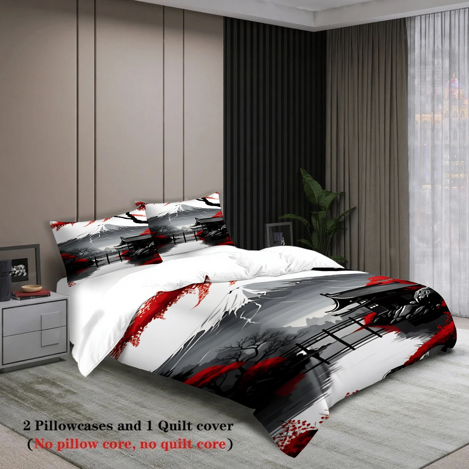 3pcs Japanese Landscape Bedding Sets 3D Printed Mount Fuji And Red Maple Duvet Cover Sets With Pillowcases No Filling