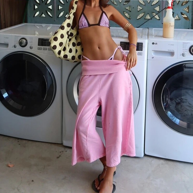 Fold Over Wide Leg Flowy Capri Pants Women's Low Rise Cropped Yoga Gaucho Pants Summer Loungewear Leggings Pj Bottoms