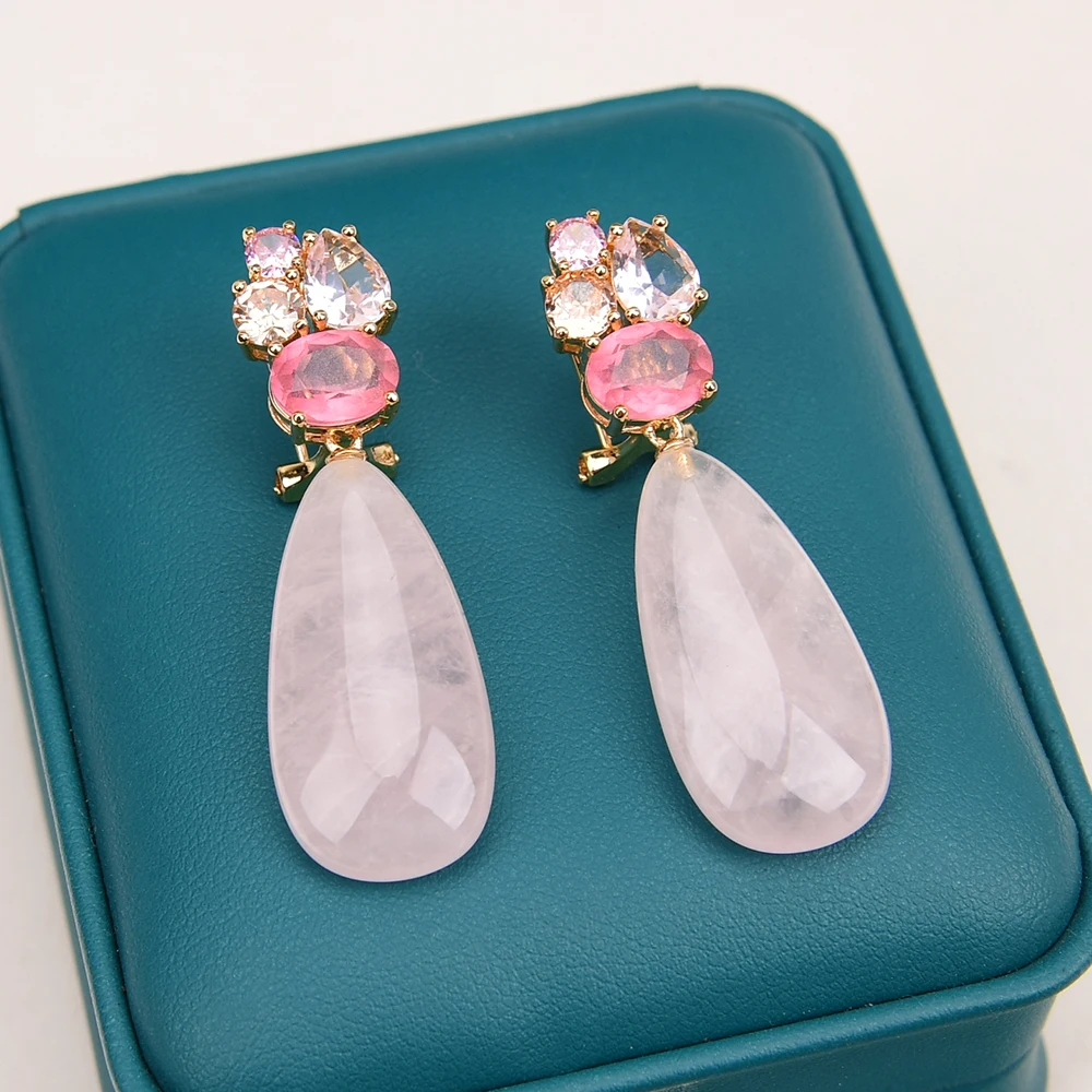 G-G Natural Tender Pink Rose Quartz Gems Mix Crystal Stud Earrings Gold Plated Luxury Classic Teardrop Wedding Jewelry Gifts