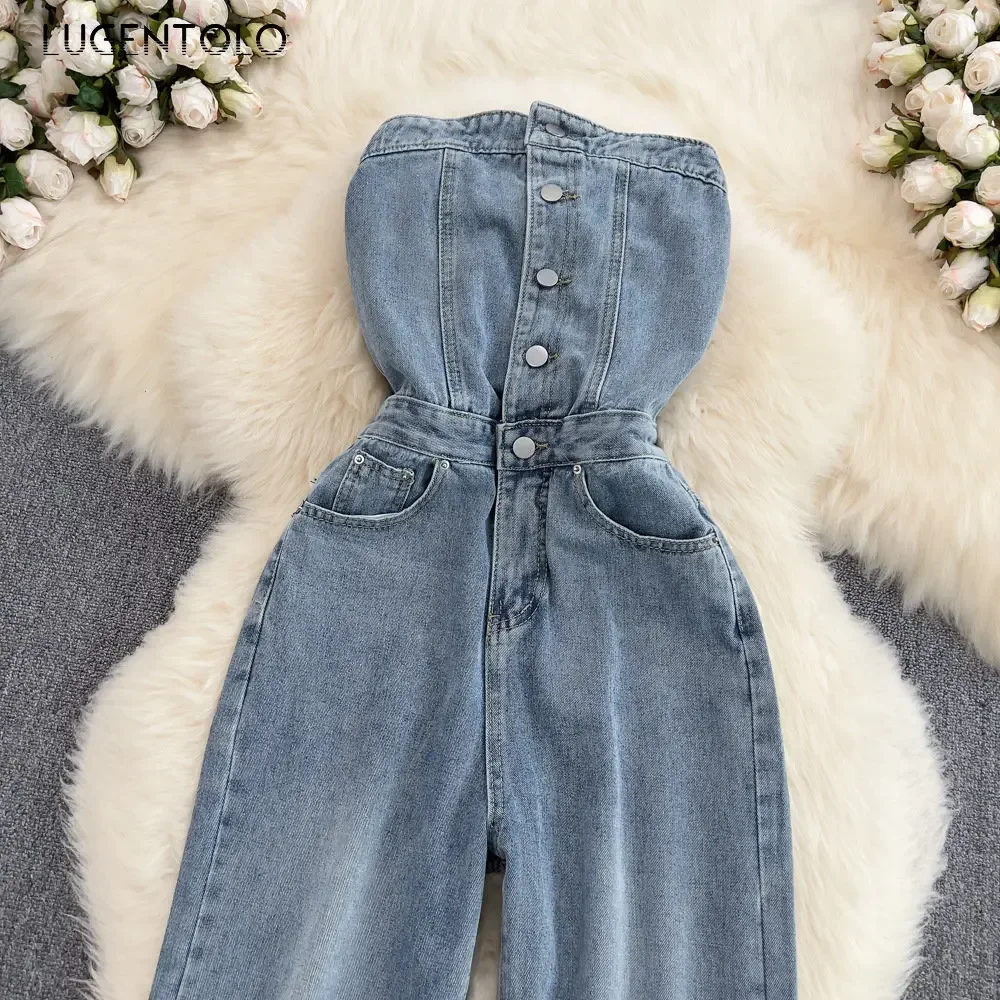 Women Sexy Denim Jumpsuits High Waist Backless Skinny Tube Top Stretch Vintage Single Breasted Straight Wide-leg 2023 Trousers