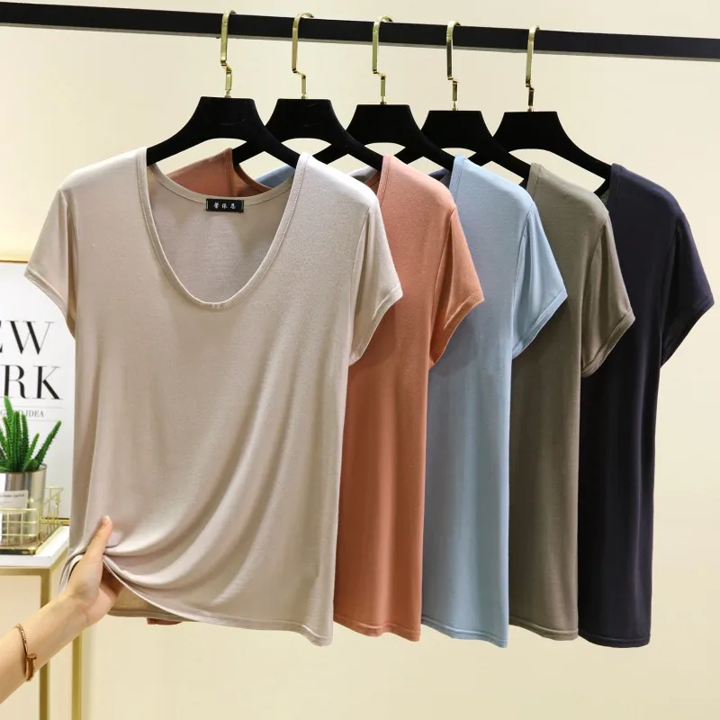 Modal U-Neck Short Sleeve T-Shirt Women Summer Thin Loose Fit Base Shirt Inner Wear Slimming Effect Outerwear Casual Top
