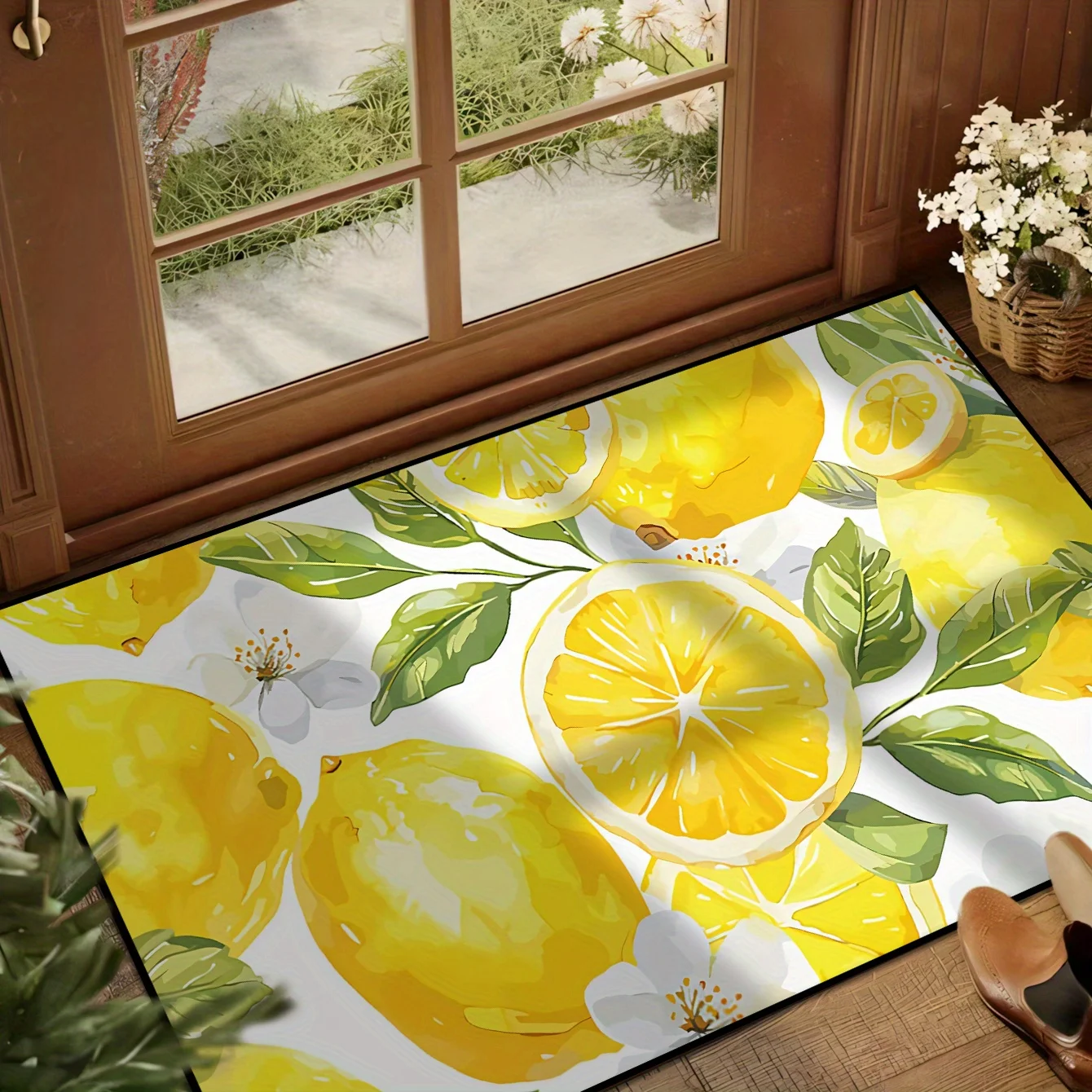 2d Printed White Yellow Lemon Slice Green Leaf Doormat Non Slip Entrance Rug For Summer Kitchen Home Decor Gift
