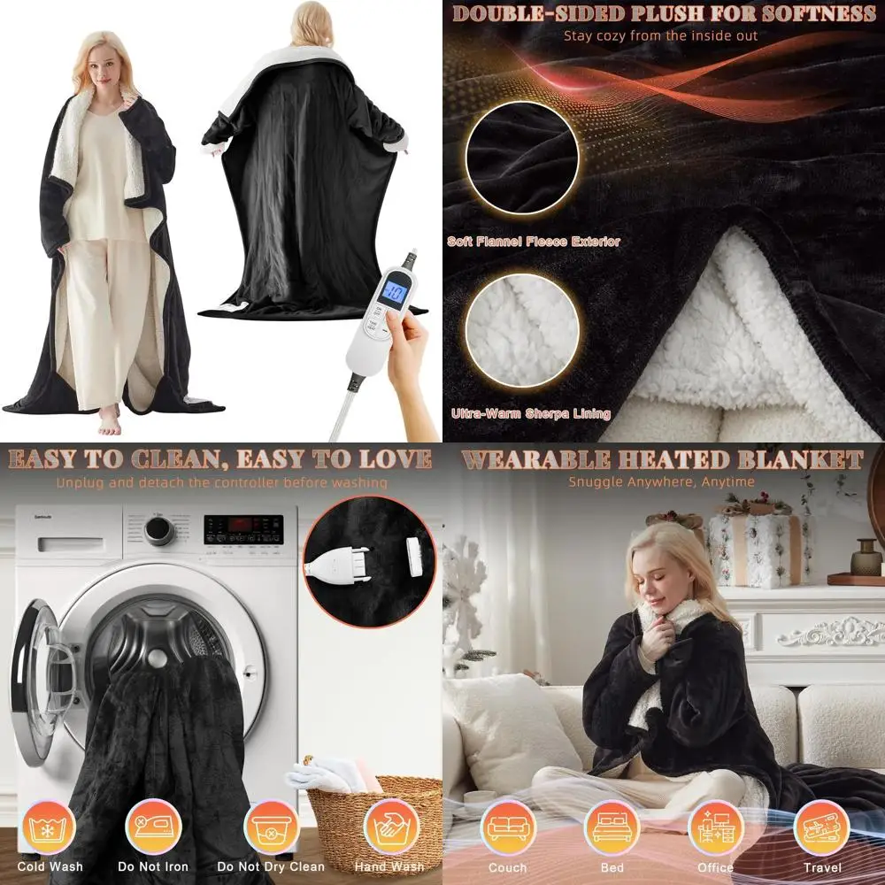 

Heated Wearable Blanket with Foot and Sleeve Pockets, 10-Setting Flannel Sherpa Throw, Auto-Off, 50x70 Black