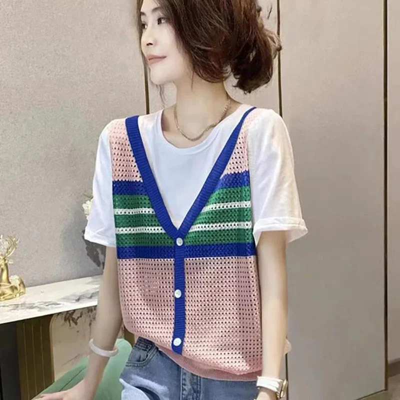 

Fashion O-Neck Spliced Striped Hollow Out Fake Two Pieces Blouses Women's Clothing 2025 Summer Loose Korean Tops Casual Shirts