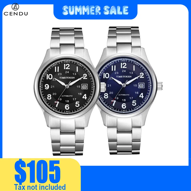 Business Men Watch 41mm Mechanical Wristwatches Black Blue Dial Solid 3 Links Bracelet Sapphire 5 ATM  Lum Indexes