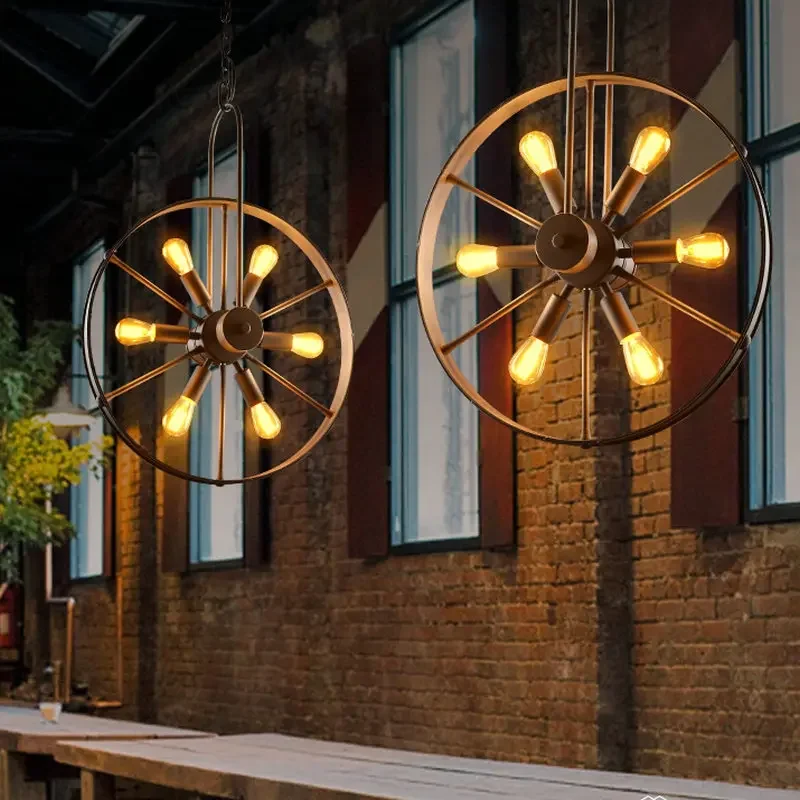 

Indoor wrought iron Metal Wheel Pendant Lamp High Quality Loft Northern Europe American Vintage Retro Country Pendant Light