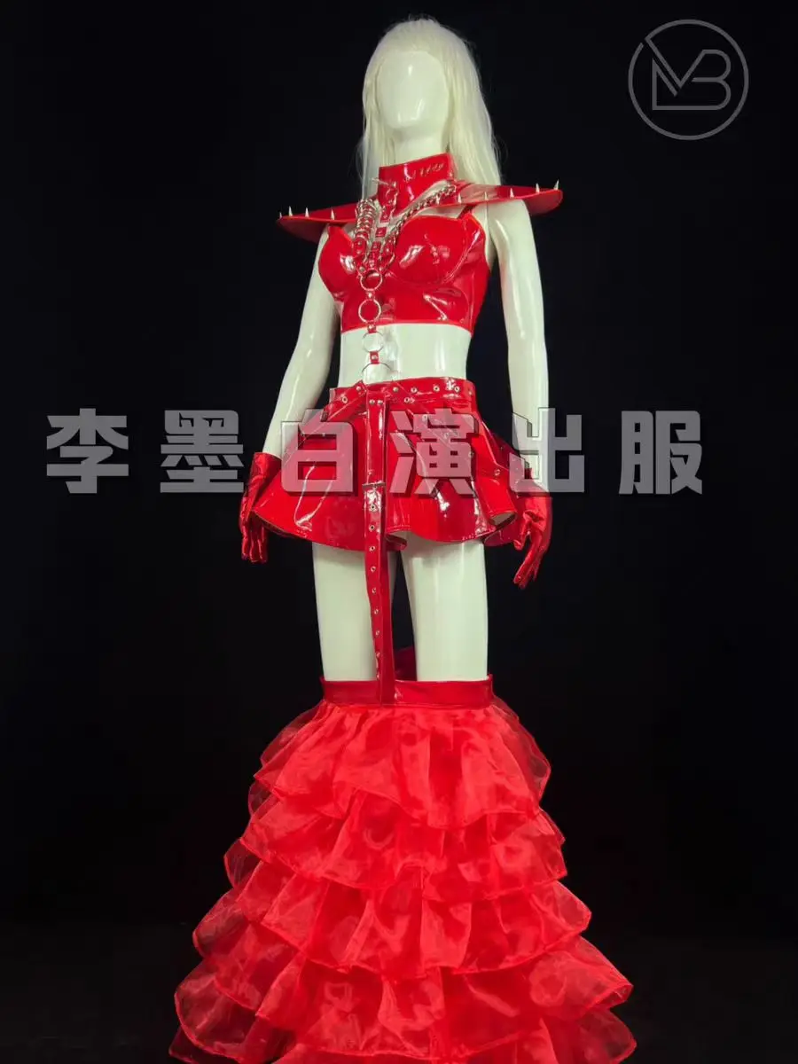 Rivet Red Skirt Bar Nightclub Female Singer Dance Team Performance Costume European and American Party Theme Show Stage Clothing