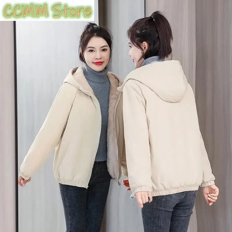 Add Velvet Padded Coat Women Winter Hooded Outerwear Ladies Warm Cotton-Padded Jacket New Fashion Overcoat Short Female Top