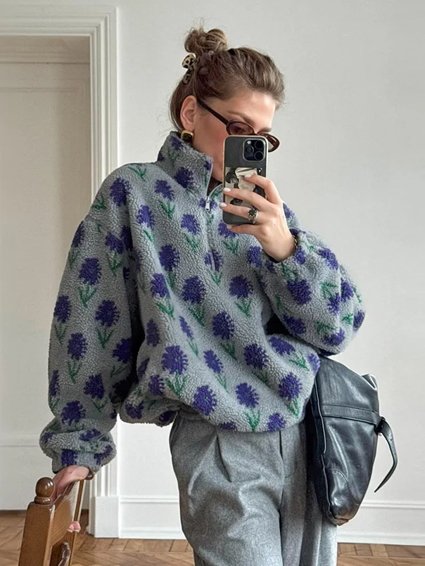 

Vintage Floral Fleece Jacket Women Winter Warm Soft Lambswool Oversized Coat Elegant Half Zipper Stand Collar Sweaters Outfits