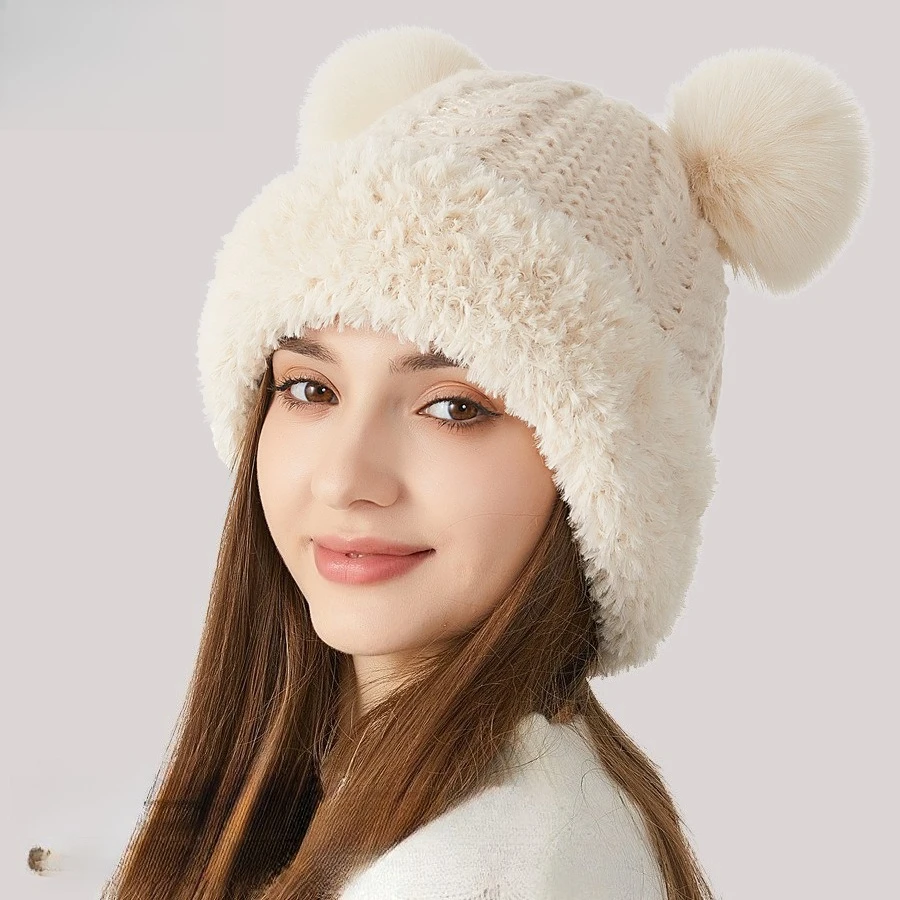 Korean Girl Winter Fashion Cute Hairball Knitted Hat Retro Thick Needle Twist Plush Edge Splicing Ear Protector Wool Hat