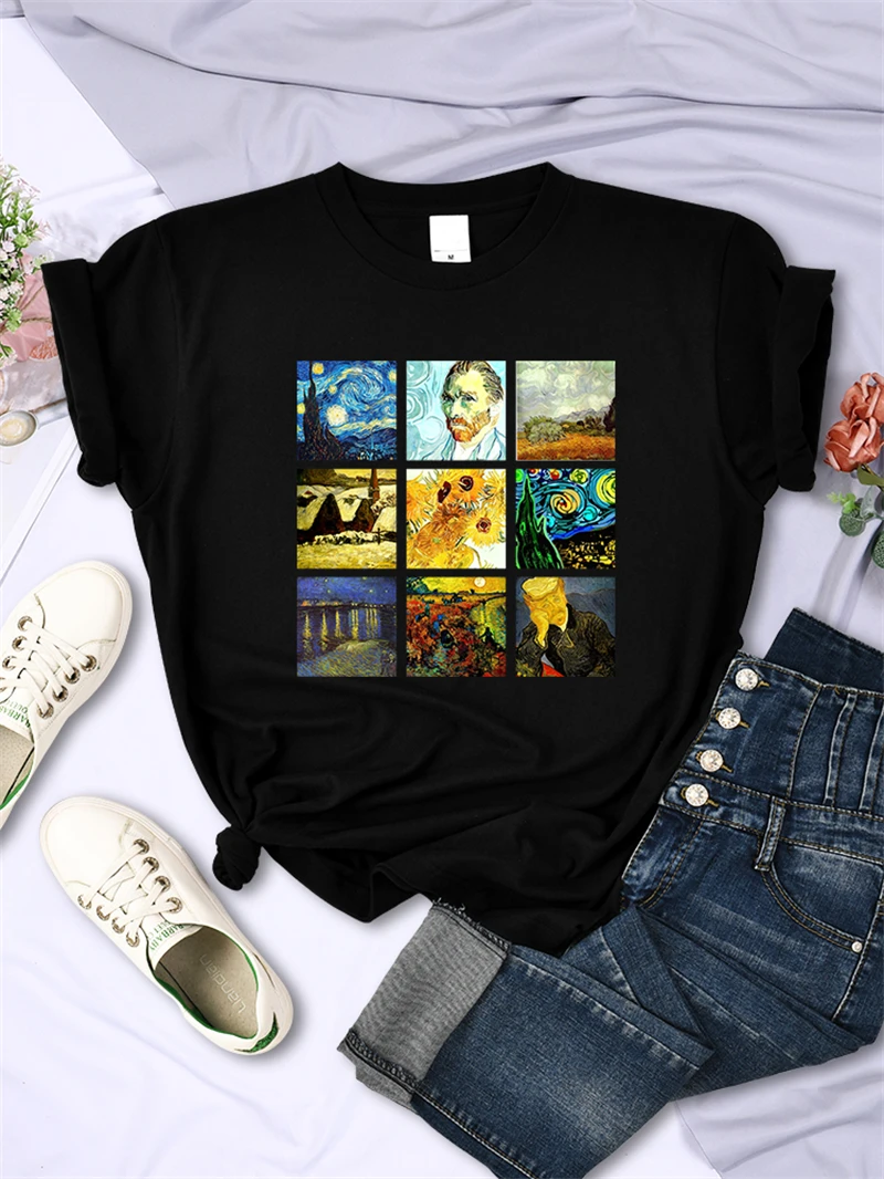 

Van Gogh Works Sanskrit Printed Female Tops Breathable Casual T Shirts Fashion Summer Short Sleeve Women Crewneck Street Tshirt