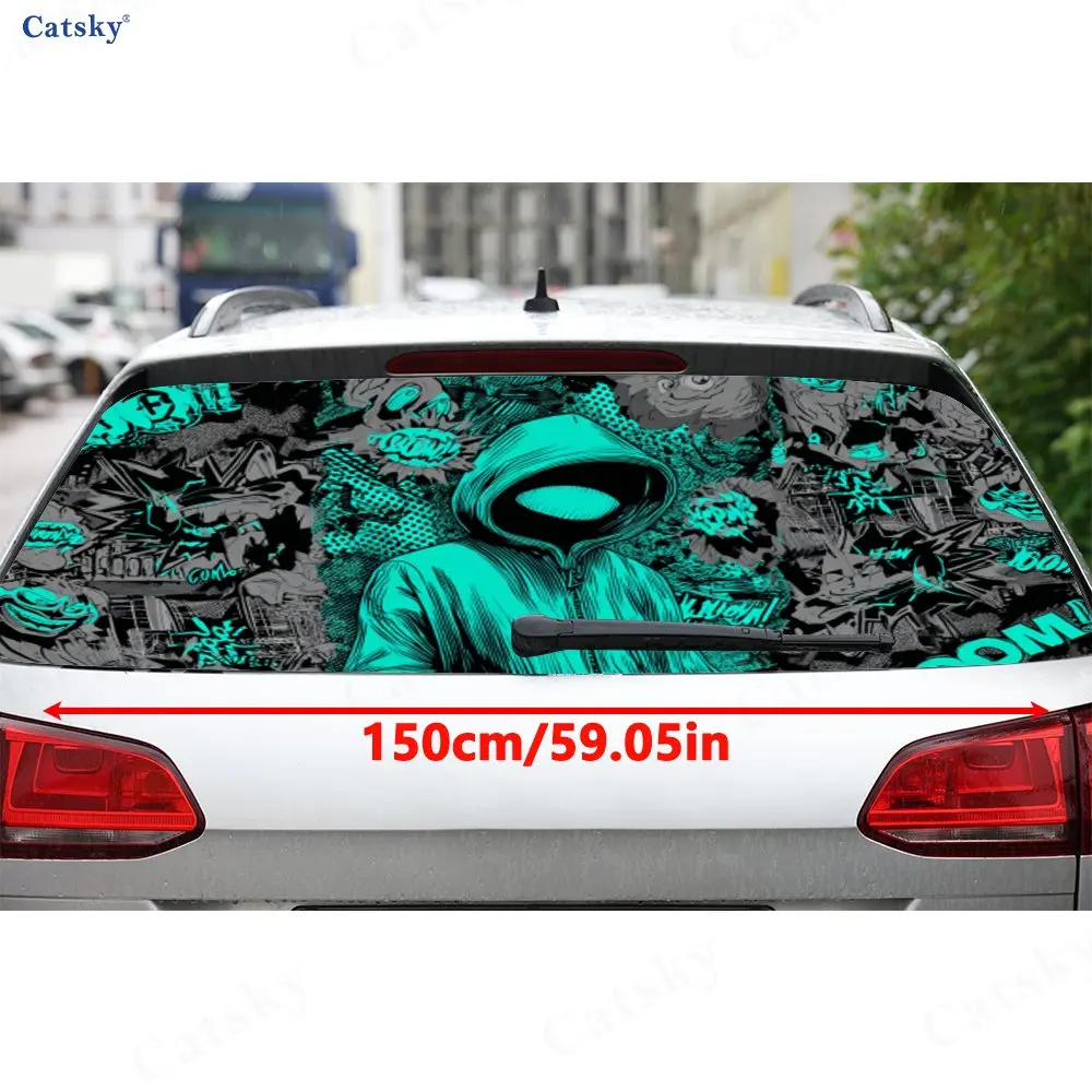 Green Tone Comic Graffiti PVC Perforated Car Vinyl Wraps, Durable Car Rear Windshield Sticker, Waterproof Car Rear Window Decal