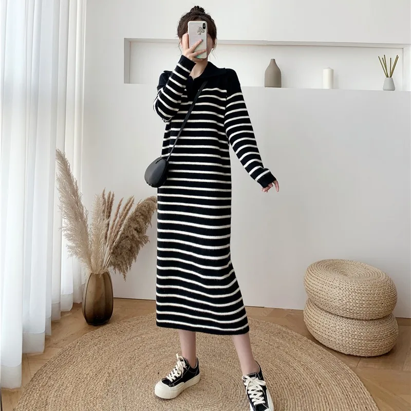 

2023 Spring Autumn Stripe Long Sleeve Knited Dress For Women Clothing Casual Vintage Sweater Dress Jp516