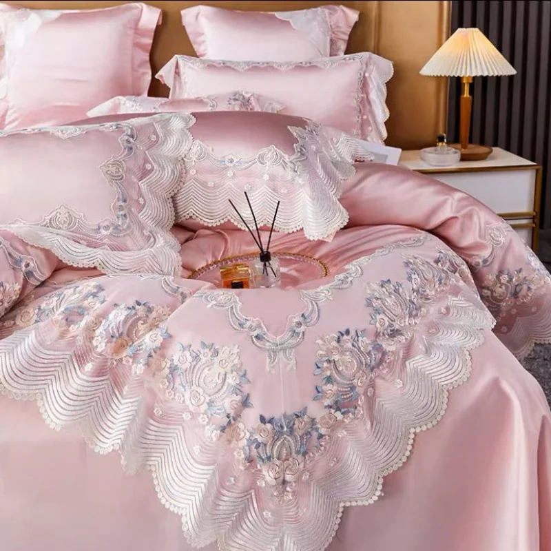 High-end villa bedding atmospheric European luxury satin silk cotton four-piece set cotton pure cotton princess bed