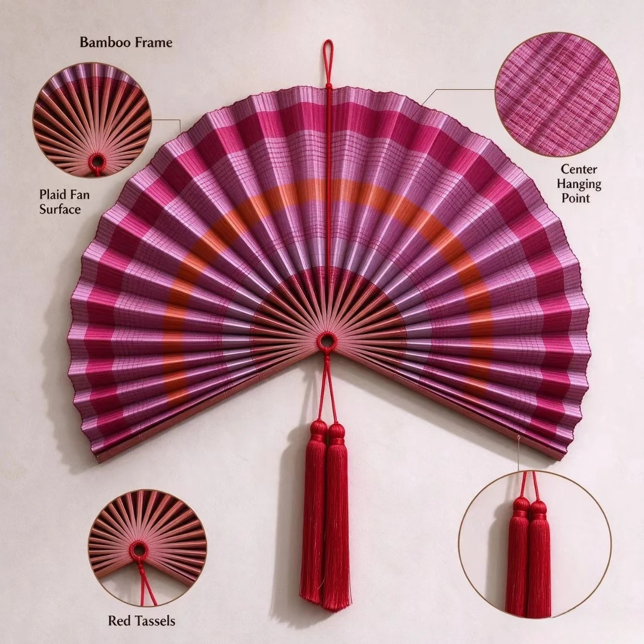 Bamboo Decorative Wall Fan with Red Tassel, Oriental Hanging Fan for Home Wall Art Decor