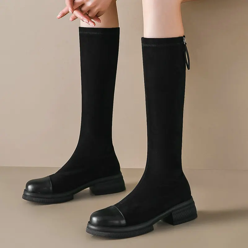 

2024 Faux Suede Women Knee Boots Fashion Round Toe Thick Med Heel Zippers Casual Shoes Woman Autumn Winter Size 34-43