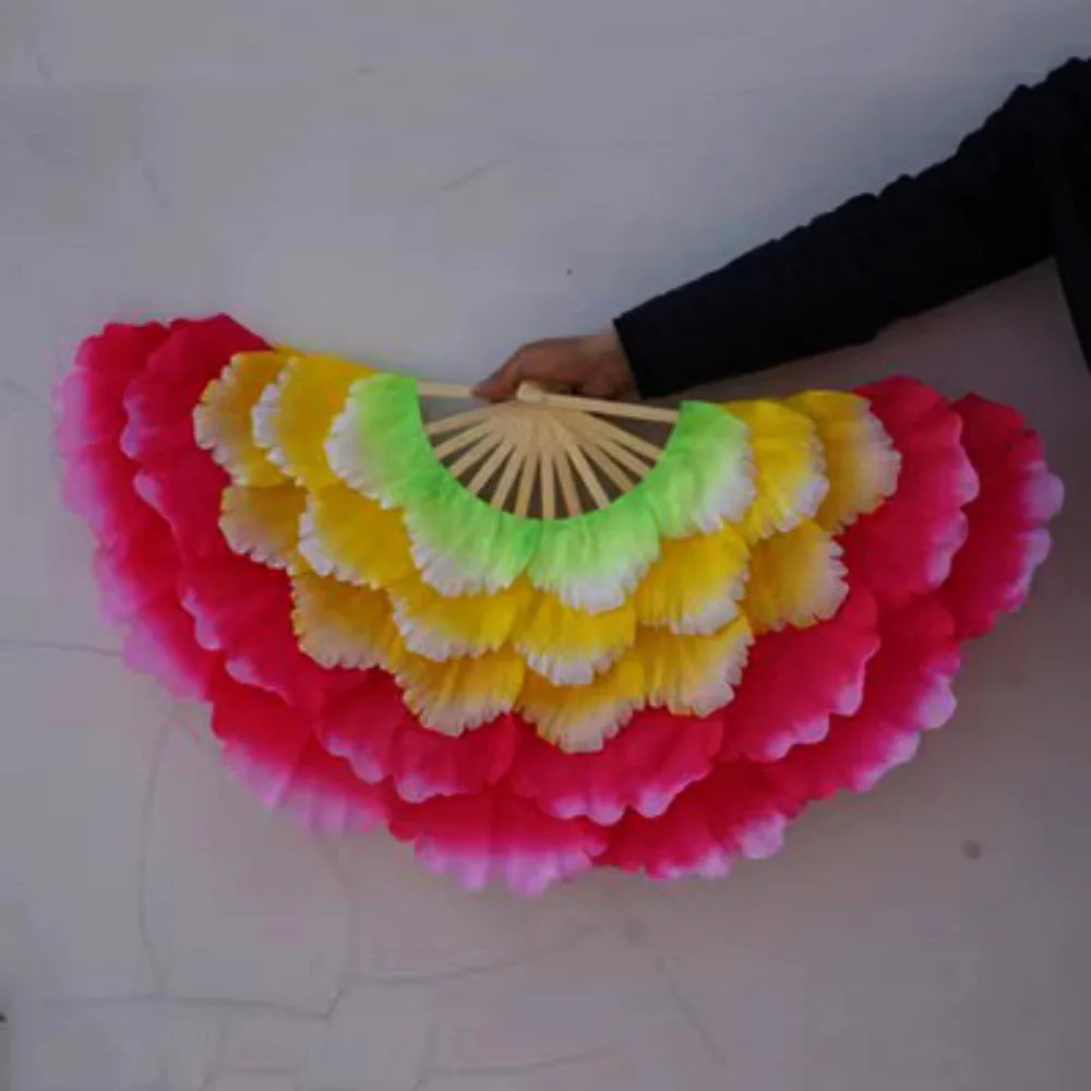 

Новый полускладной танцевальный веер 90 см, 5 слоев, 9 цветов, квадратный танцевальный веер для детей и взрослых, двусторонний ручной веер с лепестками пиона