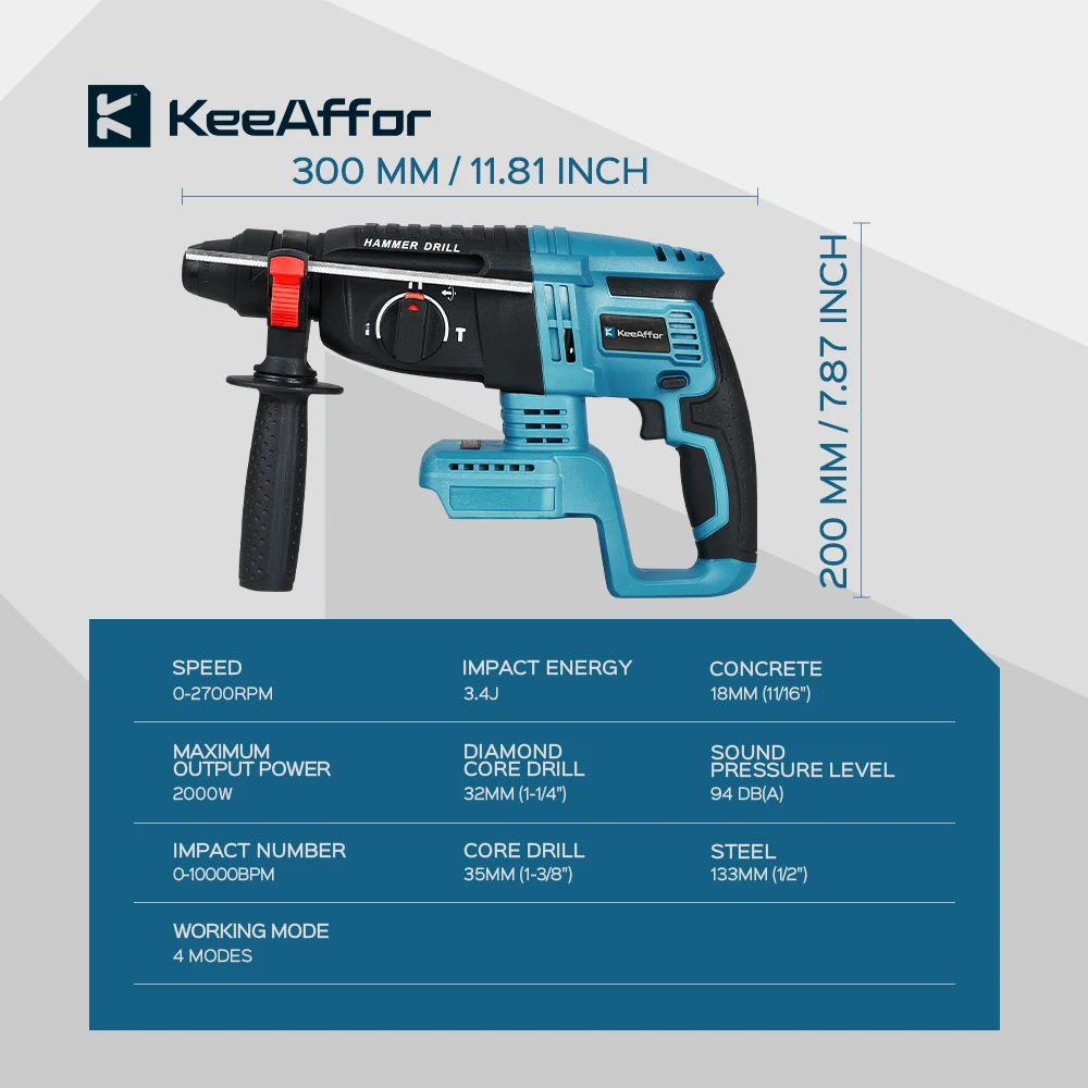 KEEAFFOR Multifunctional Brushless Electric Hammer Cordless Rotary Hammer Drill Industrial Impact Drill For Makita 18V Battery