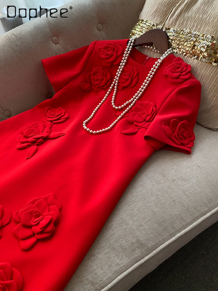 Robes de soirée de tempérament élégant fleur tridimensionnelle à manches courtes Simple Style classique Mini robe femmes robes trapèze