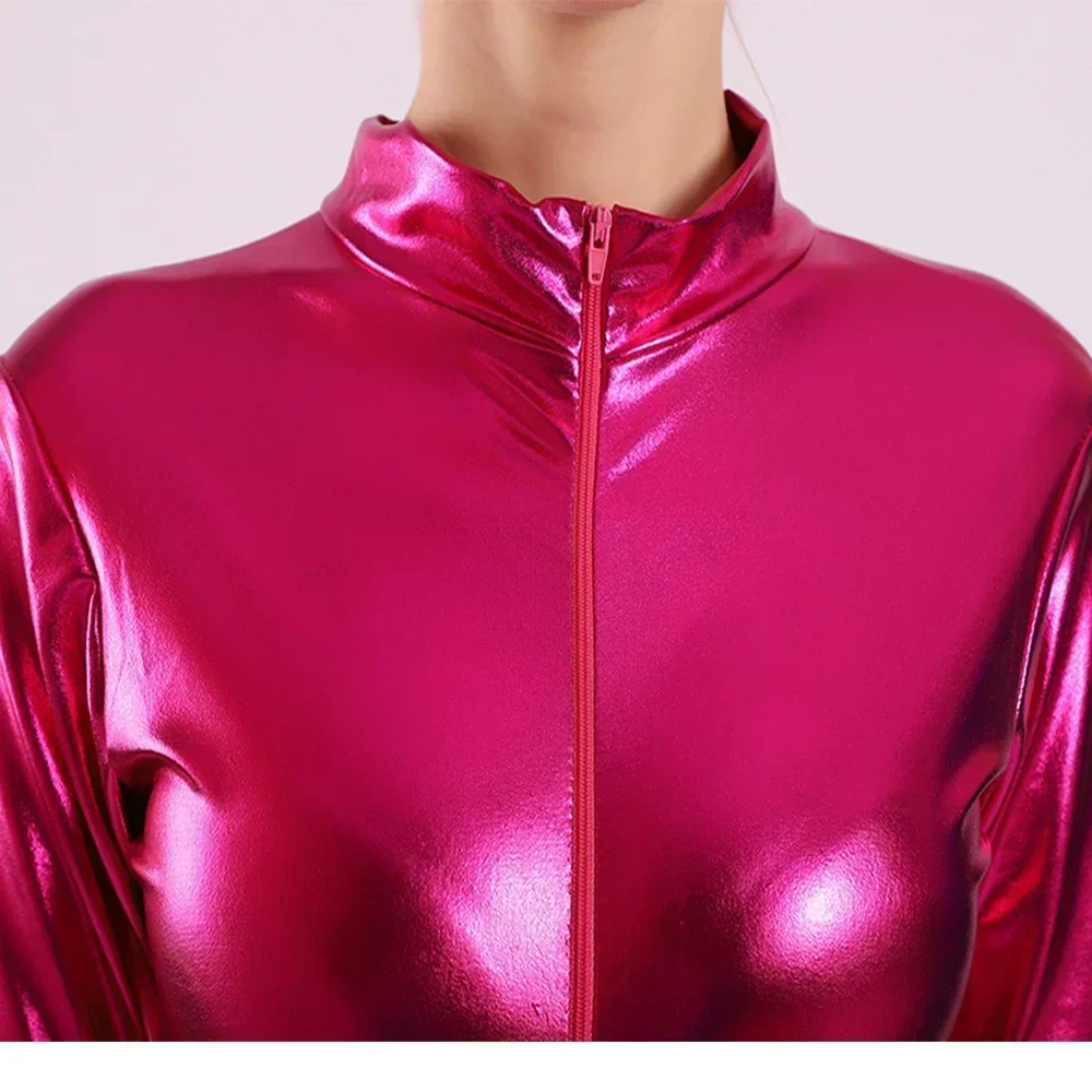 Vrouwen Glanzend Metallic Full Body Bodysuit Lange Mouw Mock Hals Ballet Jumpsuits Gymnastiek Turnpakje Mannen Zentai Kostuums