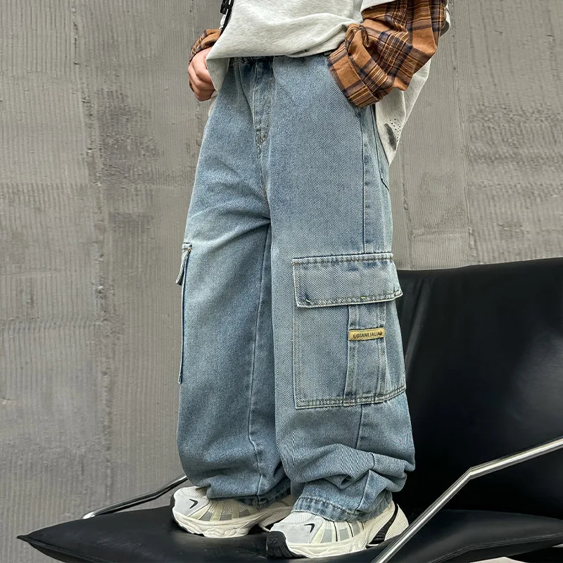 

Elegant Children Loose Fit Cargo Jeans with Big Pocket for Teenage Boys Casual Relaxed Denim Pants Kids Solid Blue Trousers