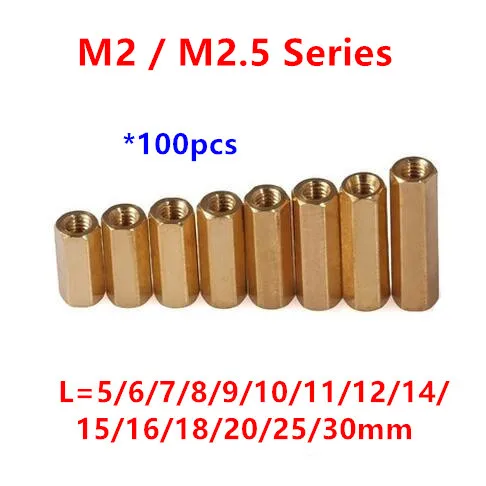 100pcs Thread M2 M2.5 Hex Brass Standoff spacer Female to Female Spacing Screws Brass Long Nuts L=5/6/8/10/12/15/20/25mm