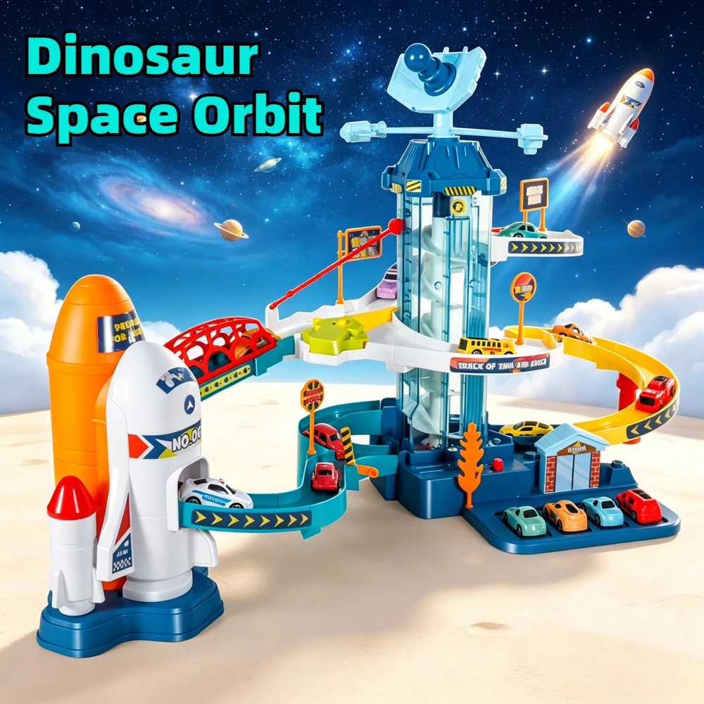 Light Up Space Rocket Shuttle Track Playset Multi Layer Orbital Adventure Obstacle Race Car Parking Garage Toy Ideal Gift