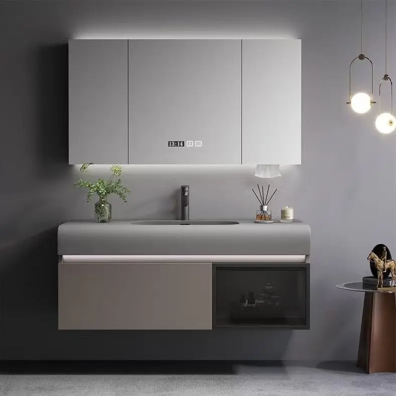 بسيطة وخفيفة وفاخرة وملمس ذكي للبشرة، حوض غسيل حديث متكامل، خزانة حمام من الخشب الصلب #4